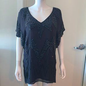 ANTIK BATIK Anthropologie *Dada* navy black beaded mini dress tunic XS